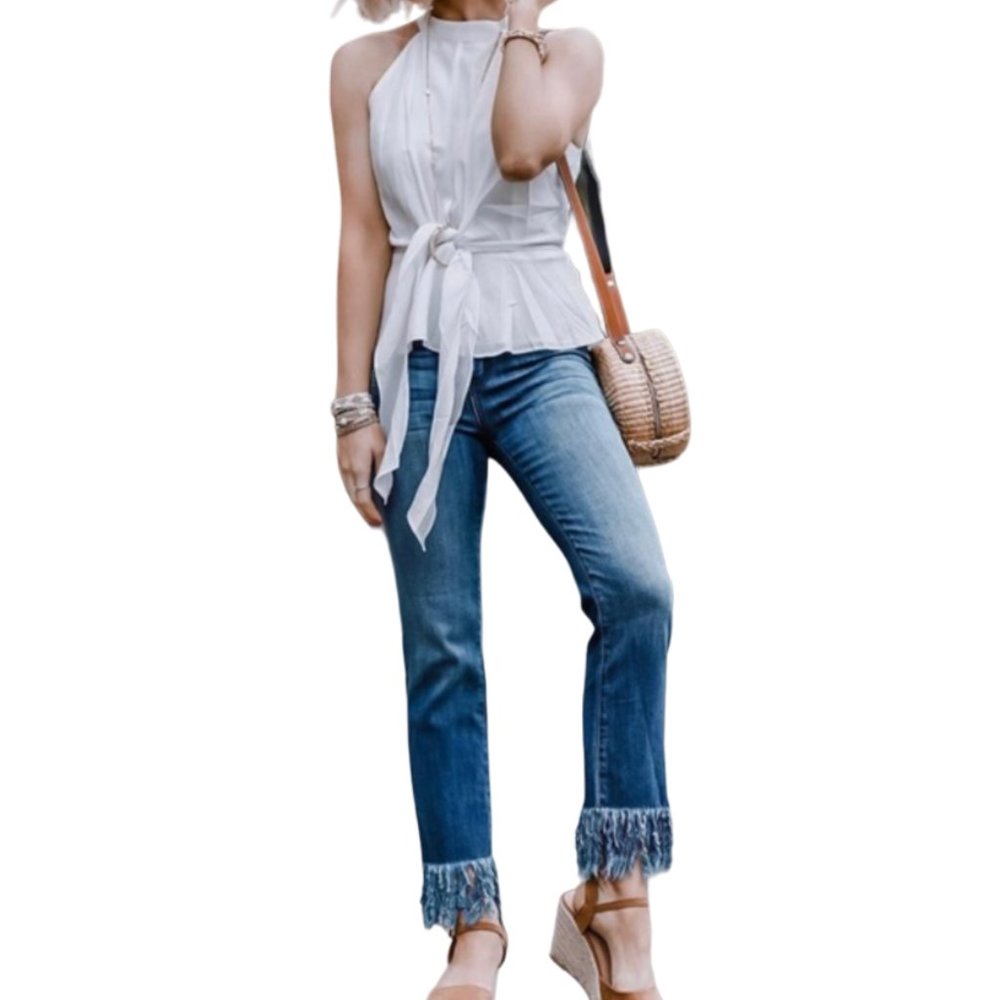 Sneak Peek Dark Wash High-Waisted Straight Leg Jeans Raw Fringe Hem